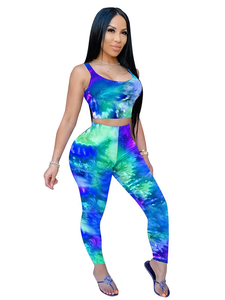 2 Piece Tie Dye Vest Yoga Pants Tracksuits Sets