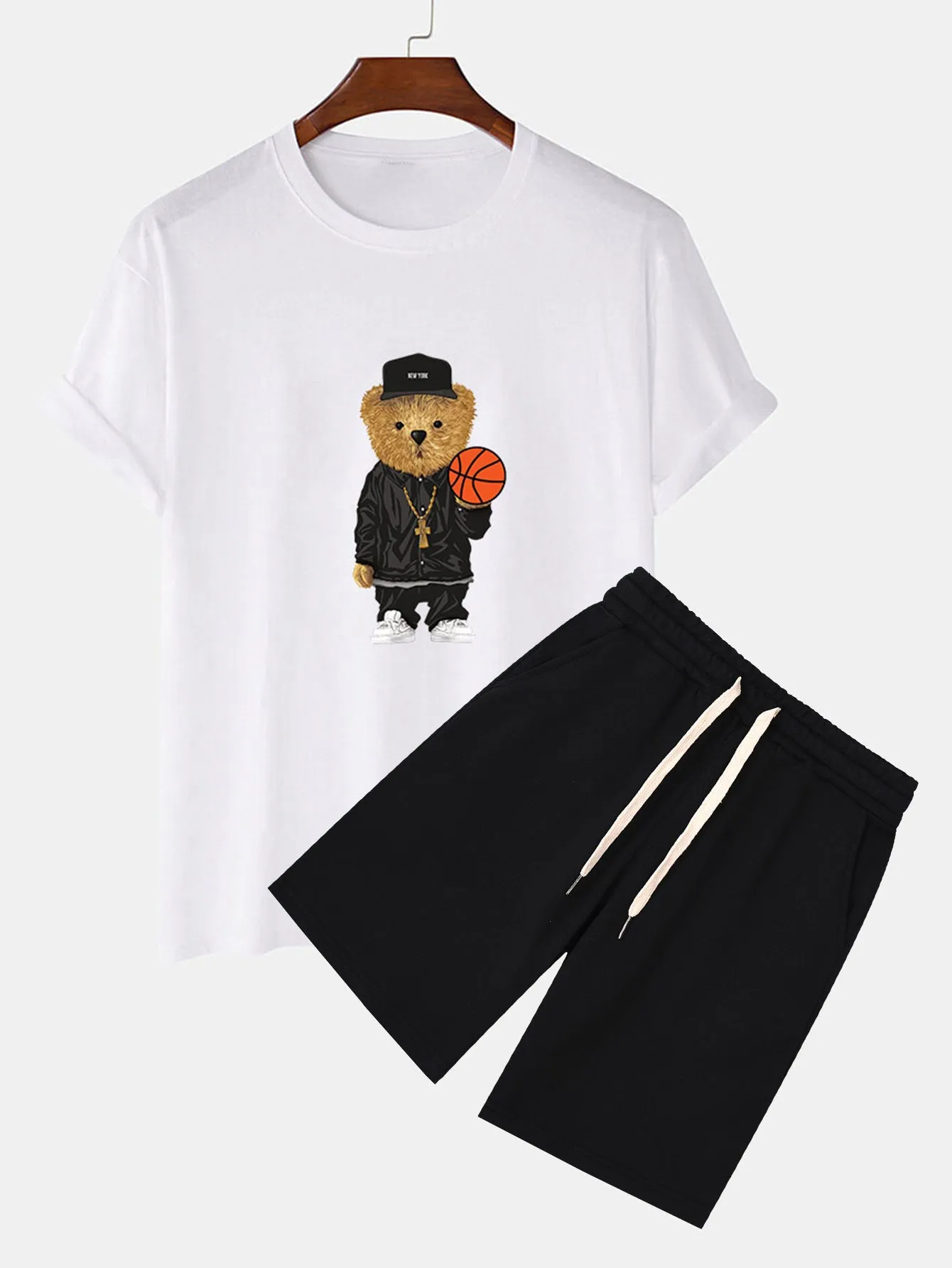 Basketball Bear Print T-Shirt & Sweat Shorts