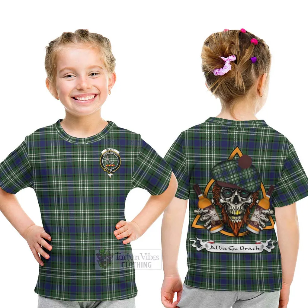 Blyth Tartan Kid T-Shirt with Family Crest and Bearded Skull Holding Bottles of Whiskey