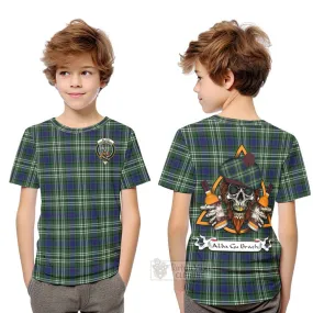 Blyth Tartan Kid T-Shirt with Family Crest and Bearded Skull Holding Bottles of Whiskey