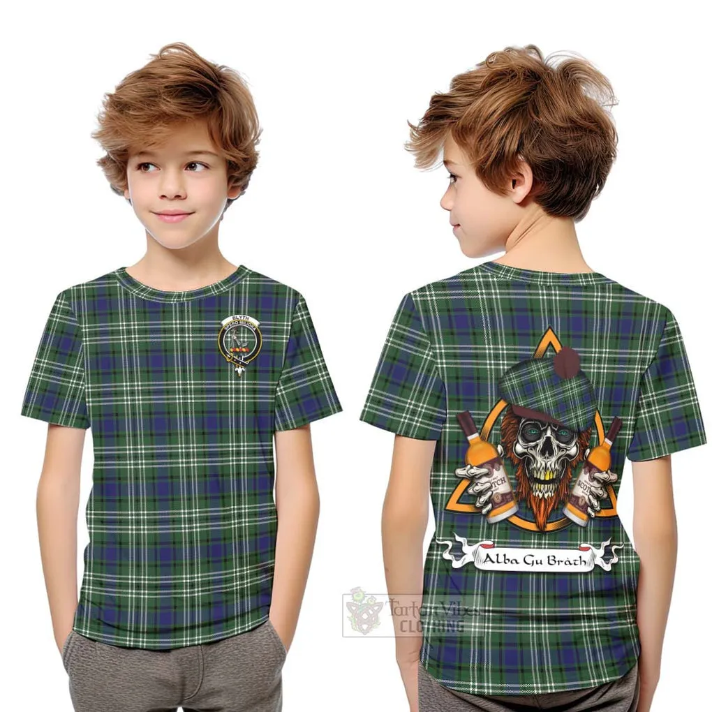 Blyth Tartan Kid T-Shirt with Family Crest and Bearded Skull Holding Bottles of Whiskey