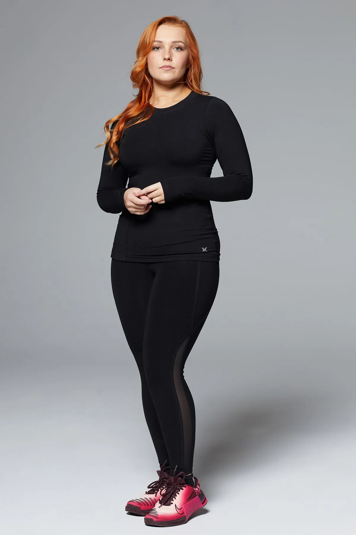 Body Sculpt Long Sleeve Full Length Top with Pocket & Built-In Bra Black