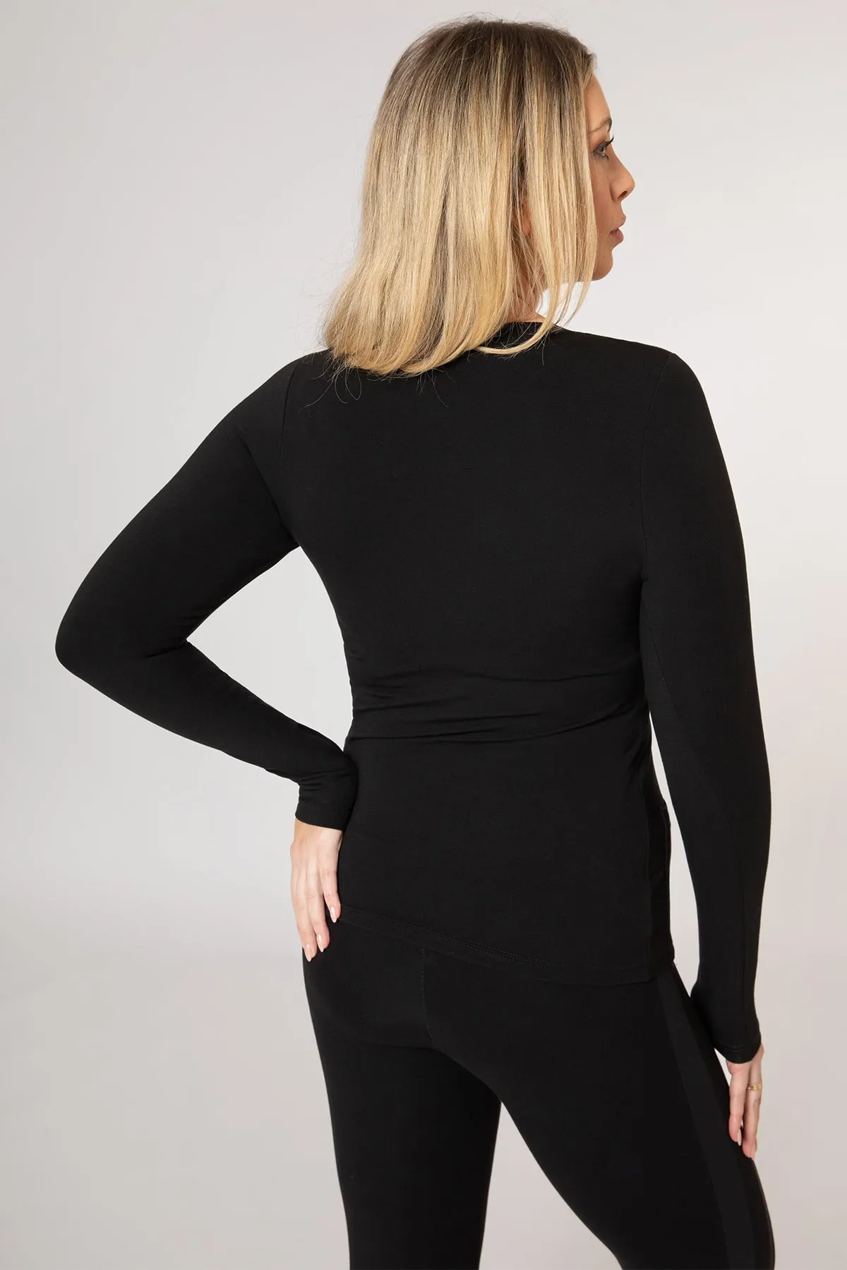 Body Sculpt Long Sleeve Full Length Top with Pocket & Built-In Bra Black