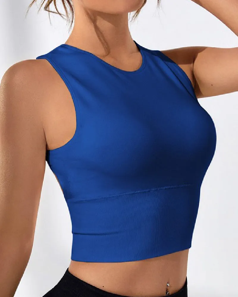Damen Einfarbig Offener Rücken Geripptes Basic Elastisches Yoga Sport Tank Top