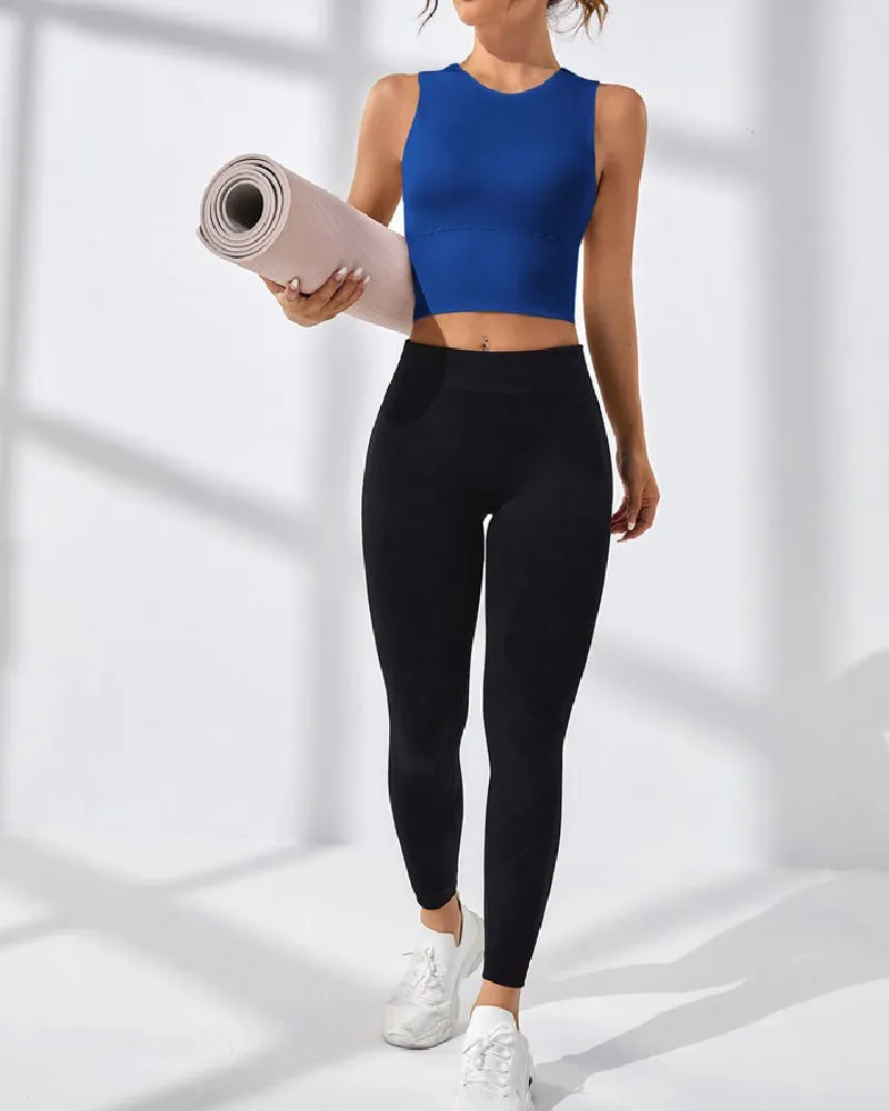 Damen Einfarbig Offener Rücken Geripptes Basic Elastisches Yoga Sport Tank Top