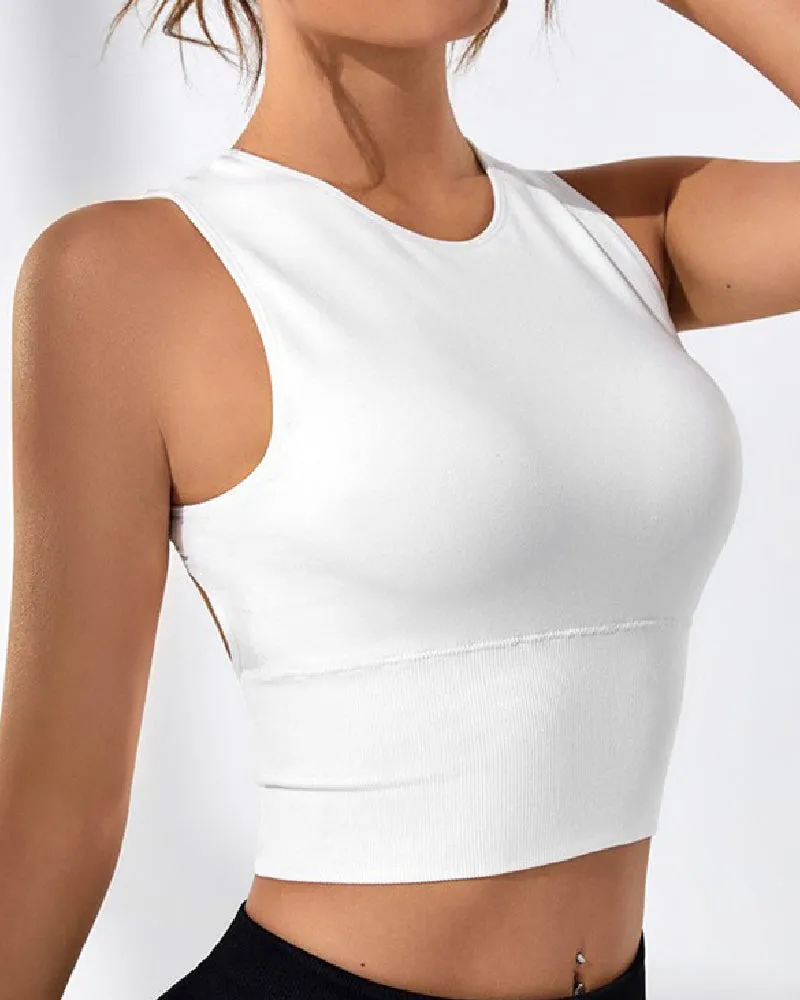 Damen Einfarbig Offener Rücken Geripptes Basic Elastisches Yoga Sport Tank Top