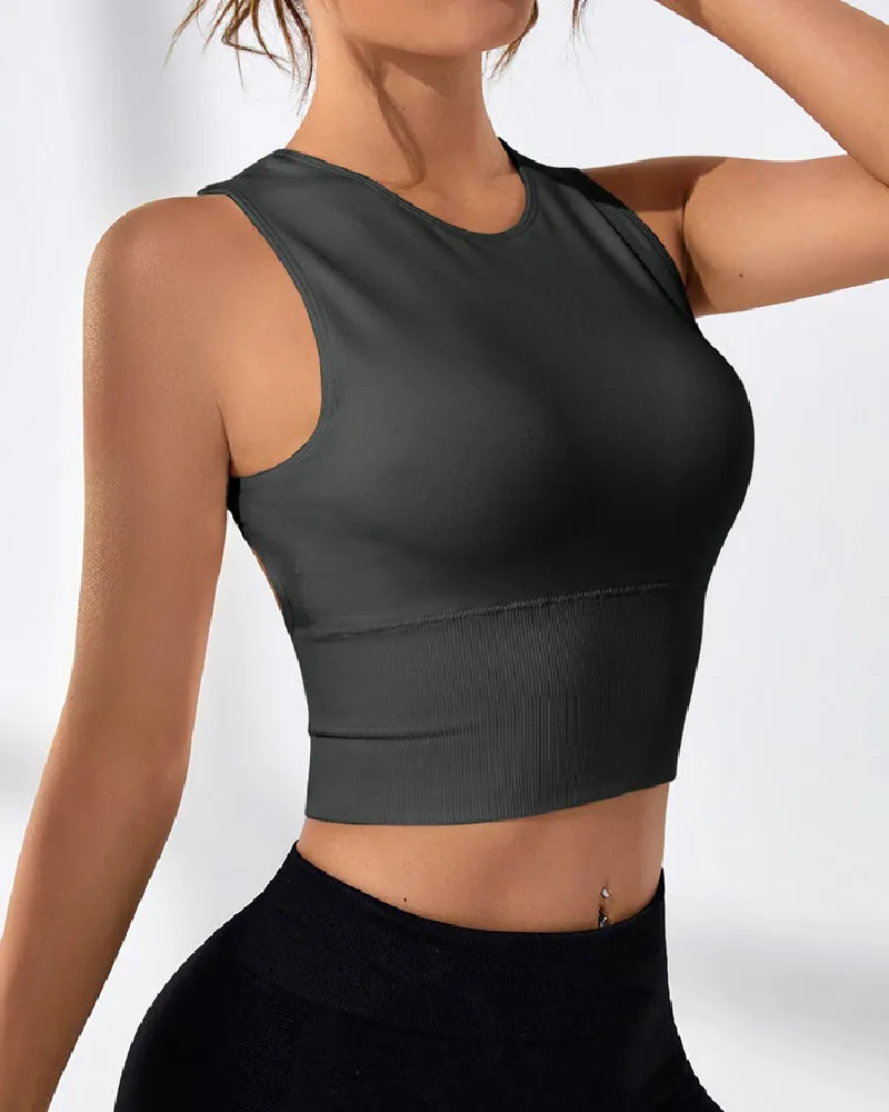 Damen Einfarbig Offener Rücken Geripptes Basic Elastisches Yoga Sport Tank Top