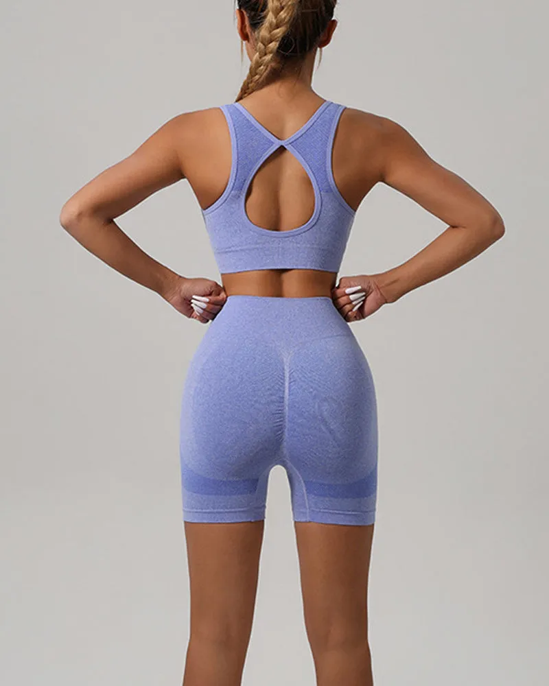 Frauen Nahtlose Fitness Outfit Set U-Ausschnitt Sport BH Po Lift Leggings Shorts Set
