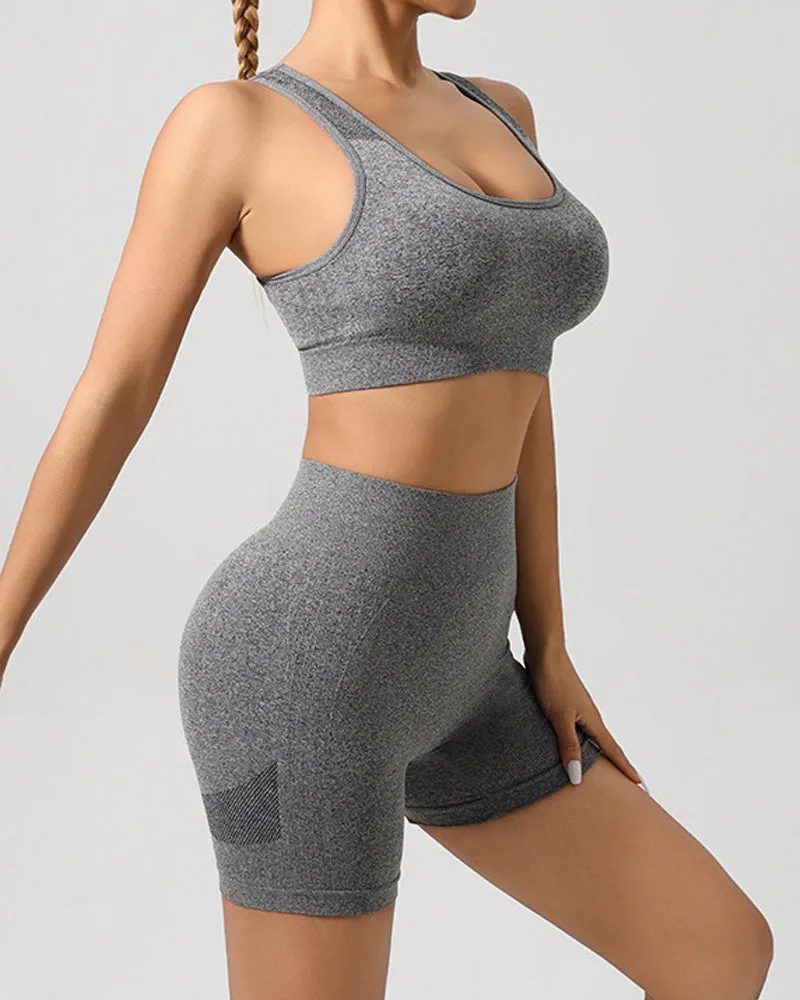 Frauen Nahtlose Fitness Outfit Set U-Ausschnitt Sport BH Po Lift Leggings Shorts Set