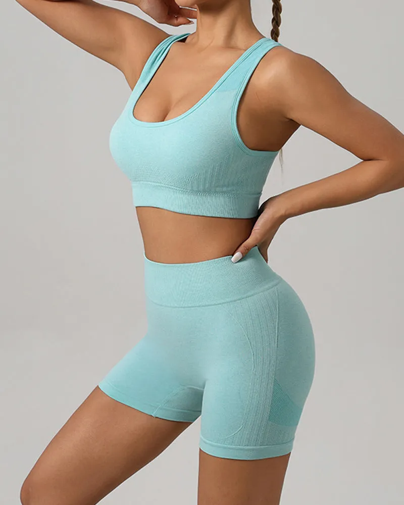Frauen Nahtlose Fitness Outfit Set U-Ausschnitt Sport BH Po Lift Leggings Shorts Set