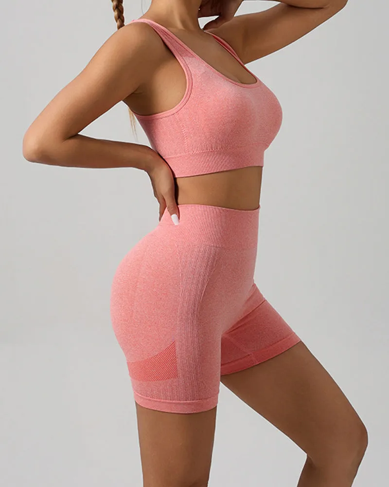 Frauen Nahtlose Fitness Outfit Set U-Ausschnitt Sport BH Po Lift Leggings Shorts Set