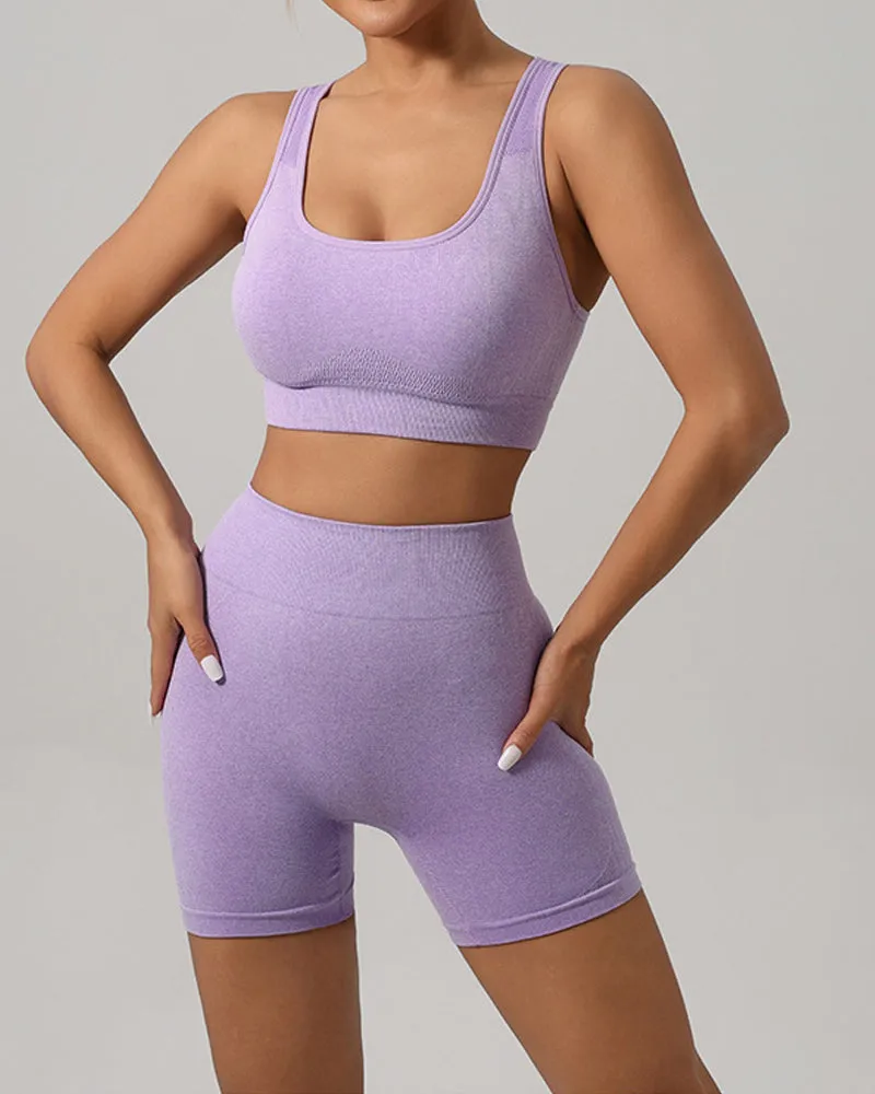 Frauen Nahtlose Fitness Outfit Set U-Ausschnitt Sport BH Po Lift Leggings Shorts Set
