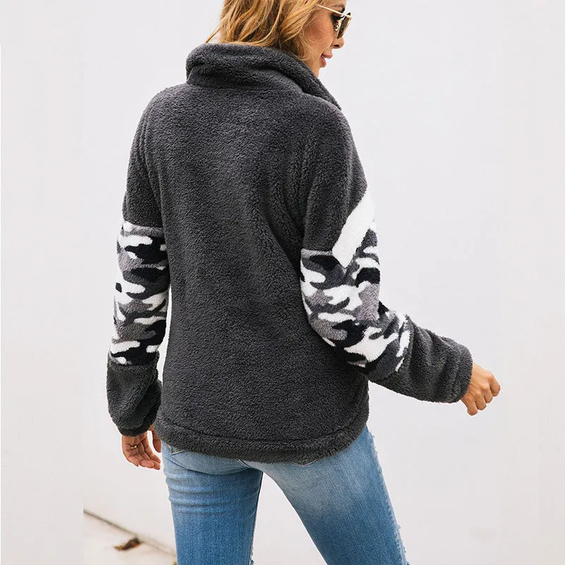 Fuzzy Camouflage Zipper Pockets Sweatshirt