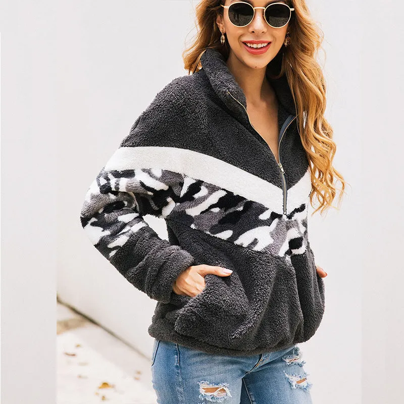 Fuzzy Camouflage Zipper Pockets Sweatshirt