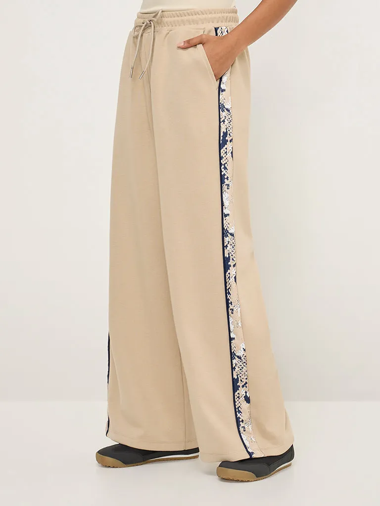 LOV Beige Abstract Design High-Rise Cotton-Blend Track Pants