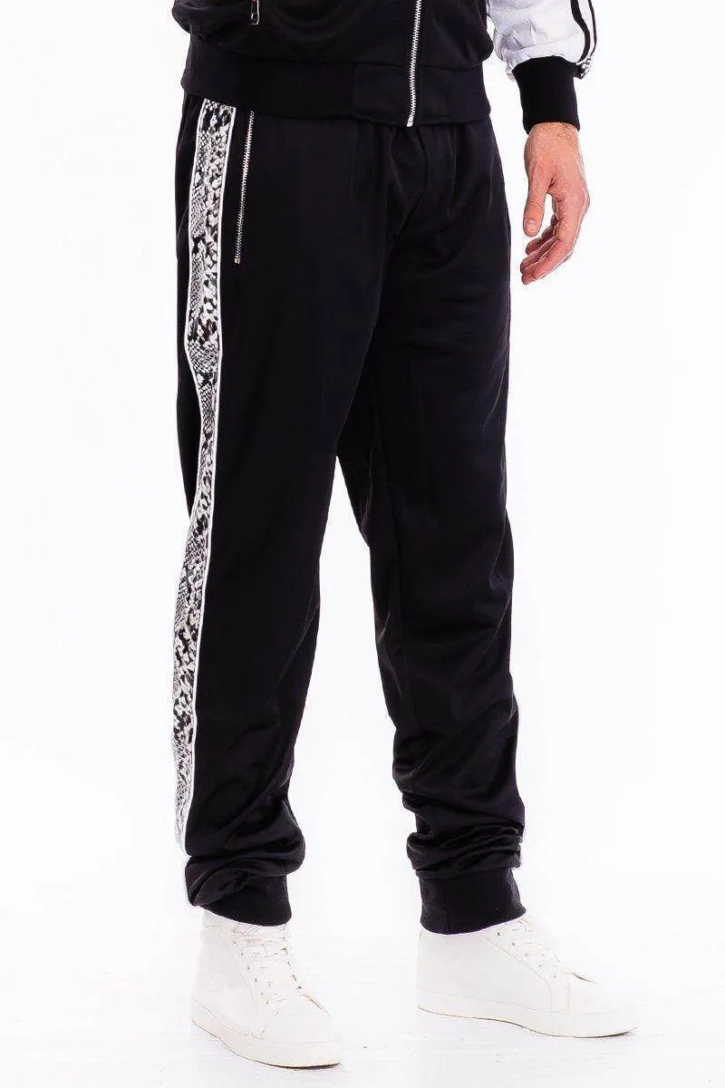 Mens Black With White Snake Side Stripe Track Pants