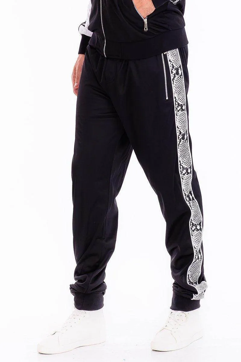 Mens Black With White Snake Side Stripe Track Pants
