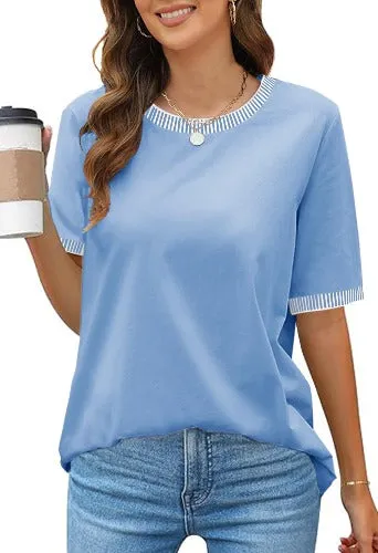 MEROKEETY Sleeve Striped Color Block Crewneck Loose Tops