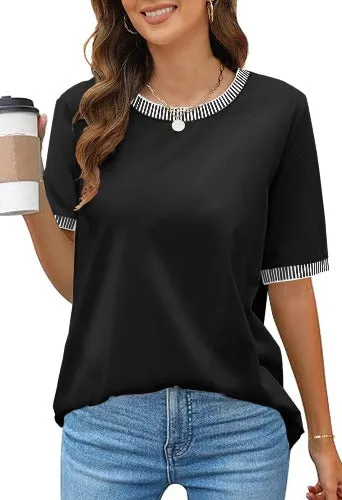 MEROKEETY Sleeve Striped Color Block Crewneck Loose Tops