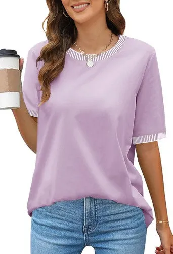 MEROKEETY Sleeve Striped Color Block Crewneck Loose Tops