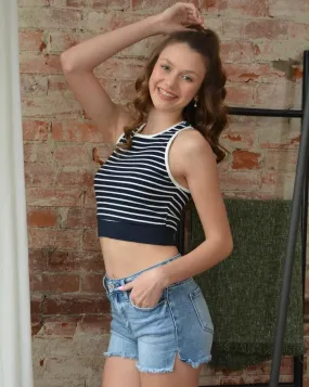 MEROKEETY Sleeveless Y2k Rib Knit Fitted Striped Crop Top