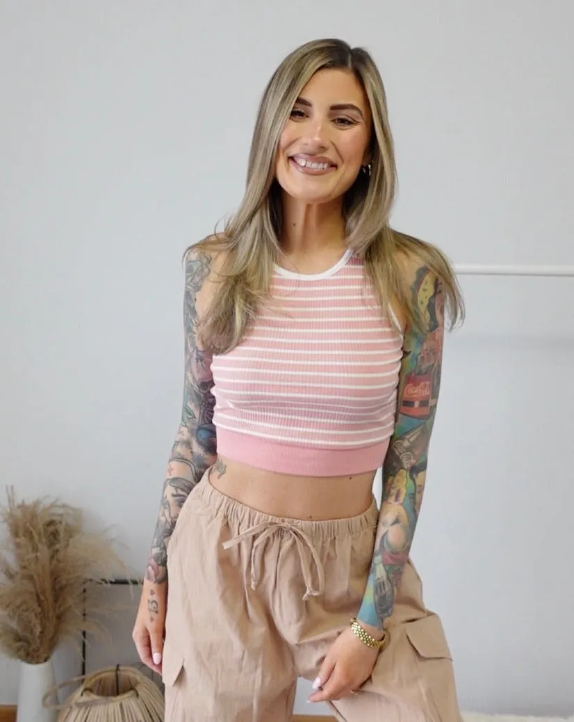 MEROKEETY Sleeveless Y2k Rib Knit Fitted Striped Crop Top