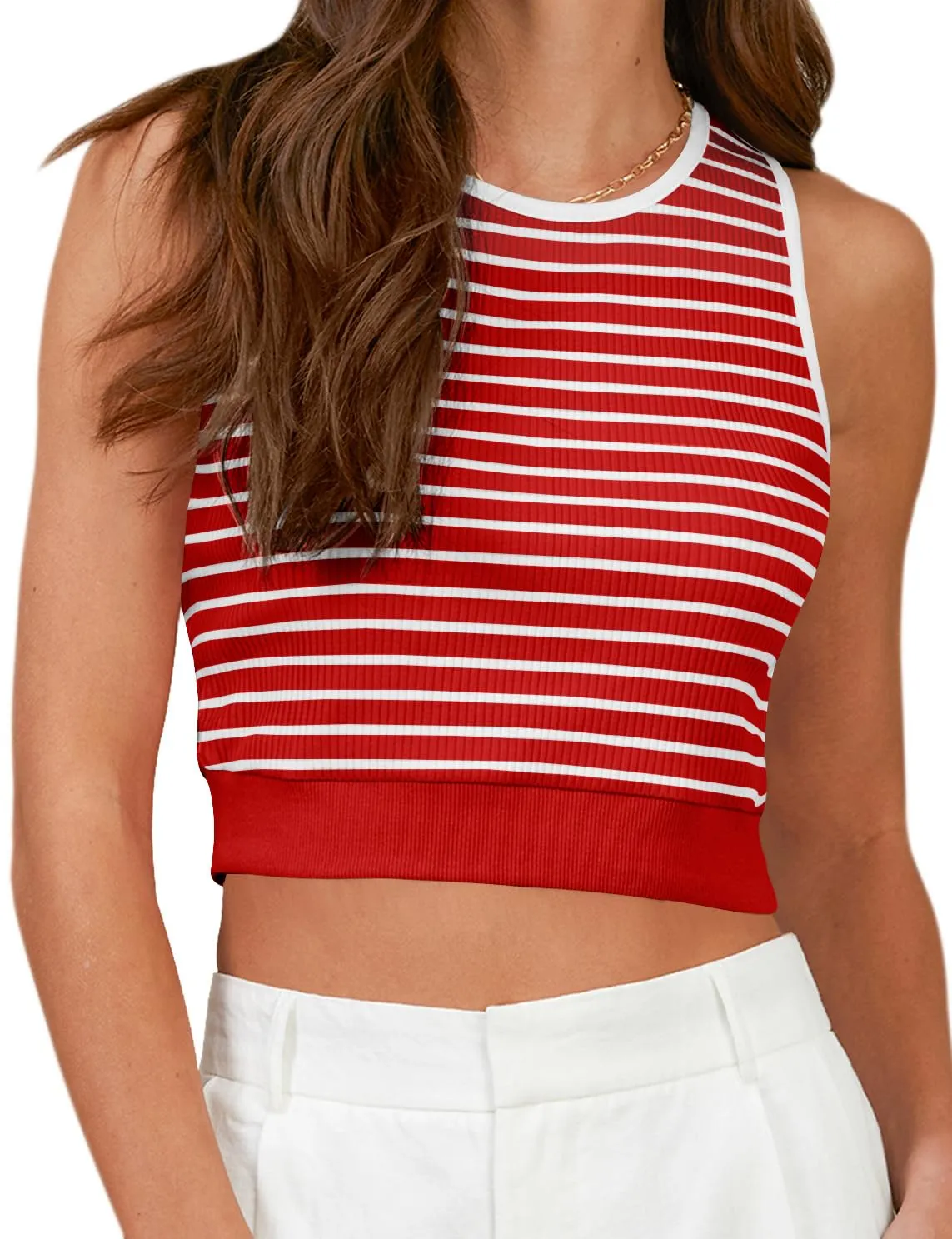 MEROKEETY Sleeveless Y2k Rib Knit Fitted Striped Crop Top