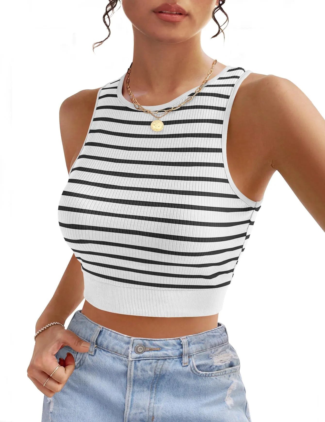 MEROKEETY Sleeveless Y2k Rib Knit Fitted Striped Crop Top