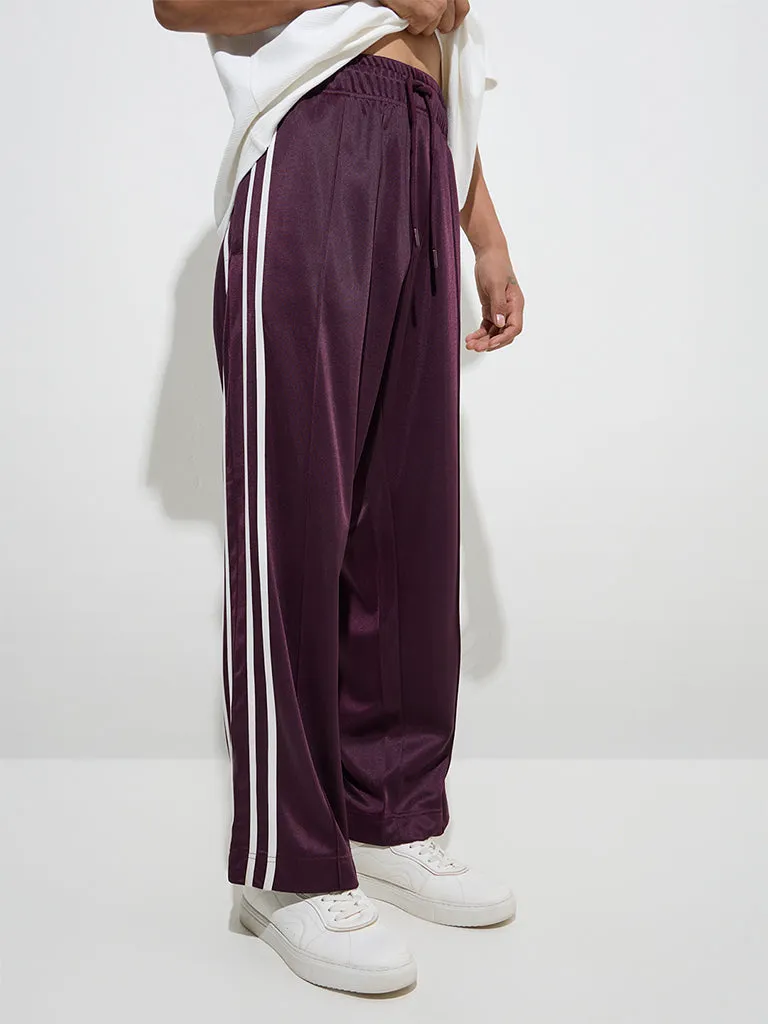 Nuon Plum Stripe Detailed Relaxed-Fit Mid-Rise Track Pants