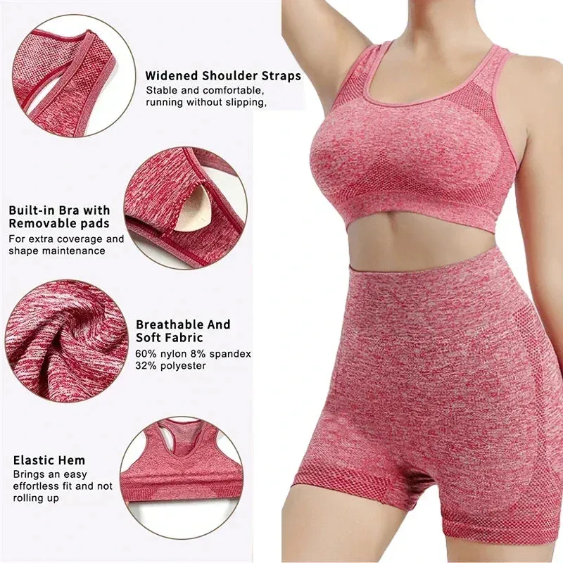 Seamless Yoga Set for Women - Gym Shorts, Sport Bras, & Workout Tops - Fitness Leggings & Activewear Set
