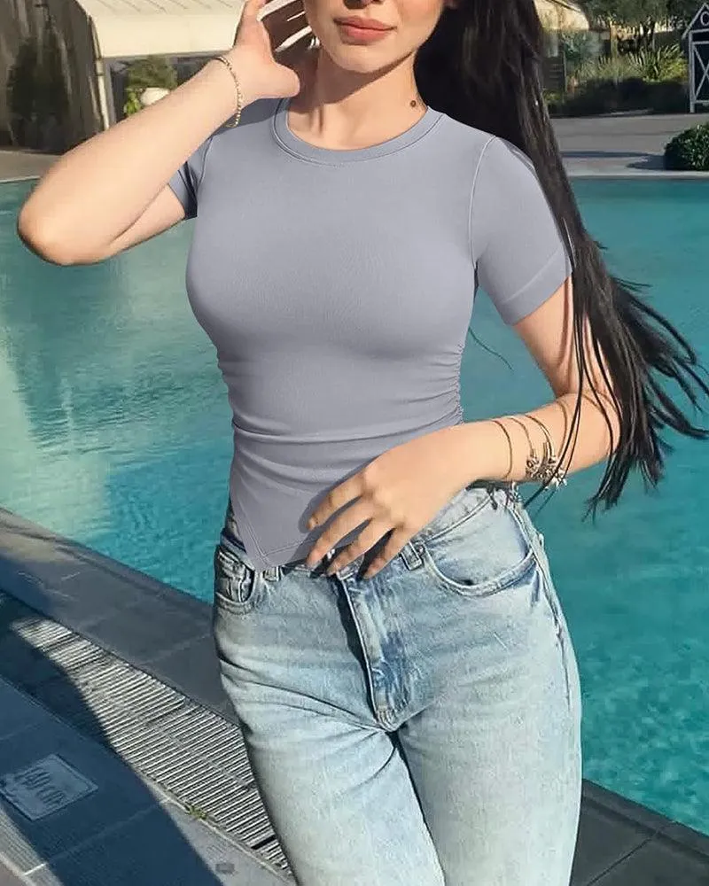 Short Sleeve Crew Neck Ruched Stretch Fitted Tee Shirts Tops