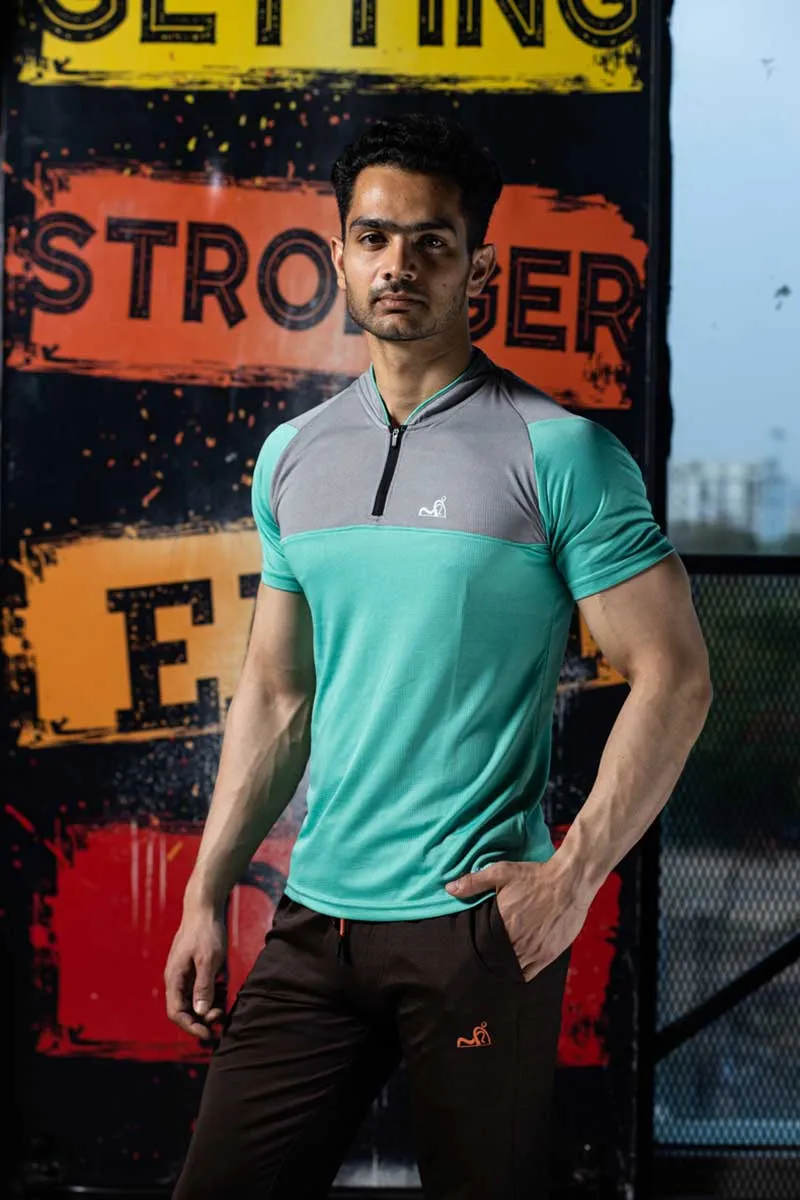 Stand Neck Semi Collar T-Shirts Mint Green Light Grey (D)