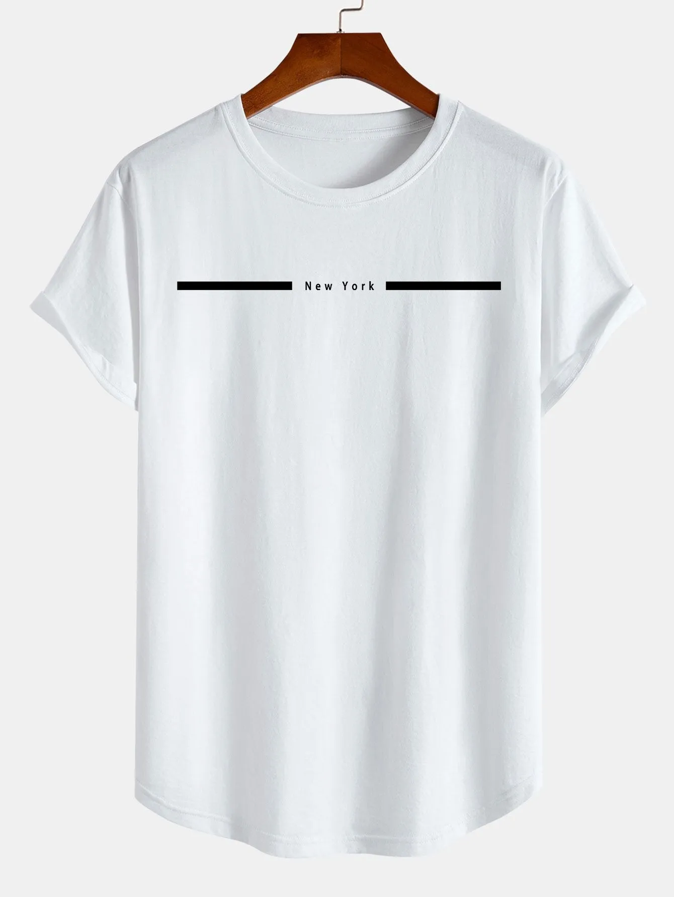 Stripe New York Print Cotton Arc Hem T-Shirt