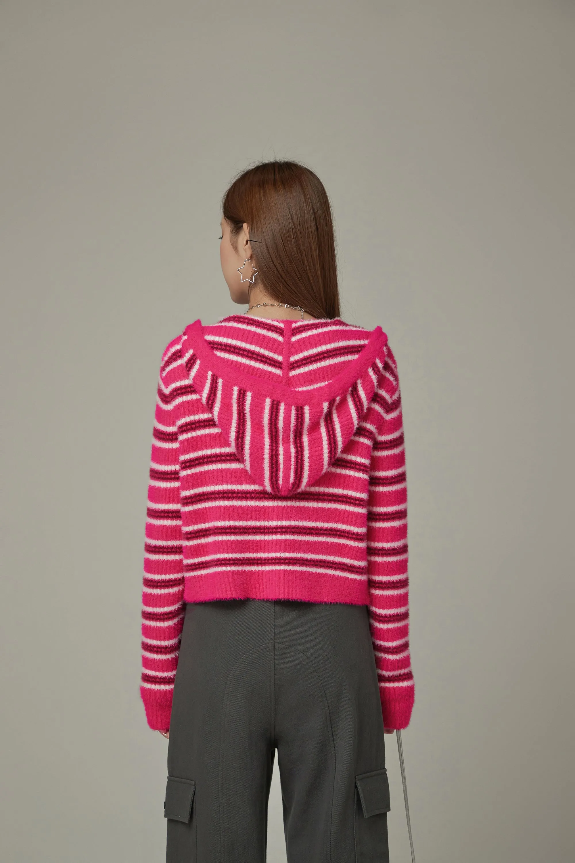 Striped Hooded Basic Zip-Up