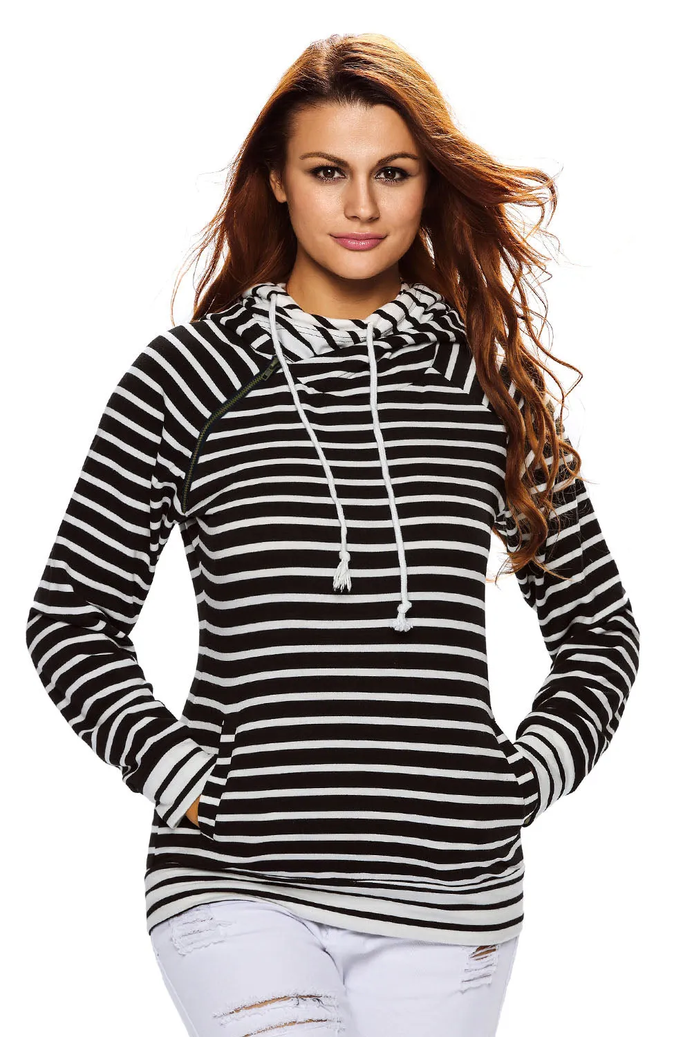 White Black Stripe Double Hooded Sweatshirt