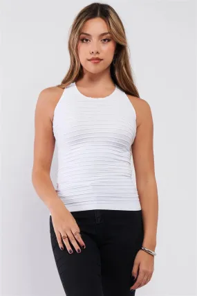White Sleeveless Round Neck Horizontal Pleated Detail Fitted Tank Top /3-3
