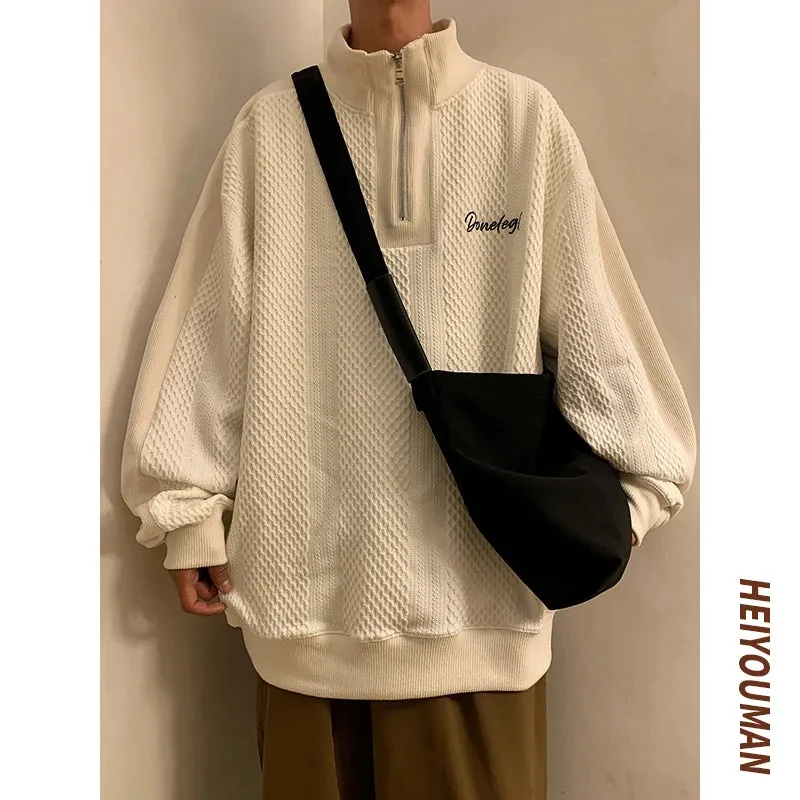 WIAOFELLAS  -  Men Harajuku Sweatshirts Korean Hip Hop Solid Color Basic Oversized Pullovers Y2K Zipper Hoodie Tops Streetwear Male