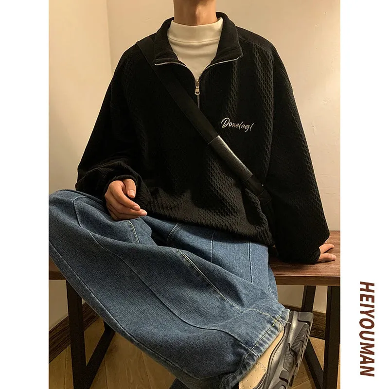 WIAOFELLAS  -  Men Harajuku Sweatshirts Korean Hip Hop Solid Color Basic Oversized Pullovers Y2K Zipper Hoodie Tops Streetwear Male
