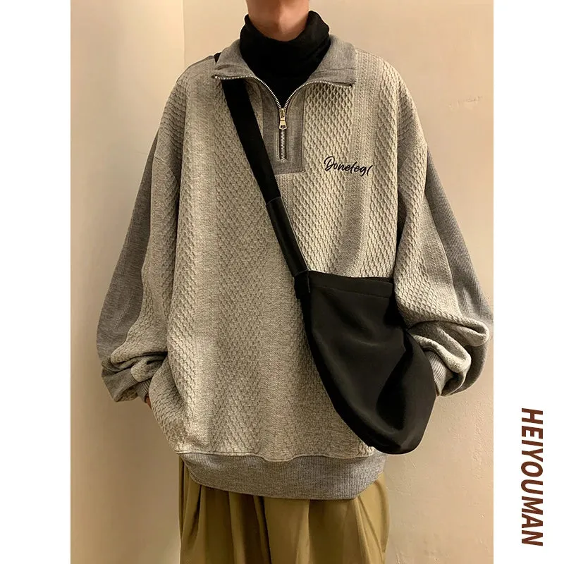 WIAOFELLAS  -  Men Harajuku Sweatshirts Korean Hip Hop Solid Color Basic Oversized Pullovers Y2K Zipper Hoodie Tops Streetwear Male