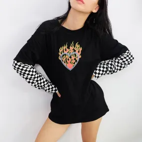 Women Plaid Patchwork Long Sleeve Flaming Heart Print Sweatshirt Autumn Winter Black Checkboard Pullover Hoodies