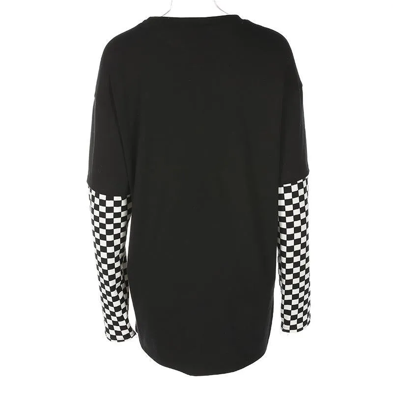 Women Plaid Patchwork Long Sleeve Flaming Heart Print Sweatshirt Autumn Winter Black Checkboard Pullover Hoodies