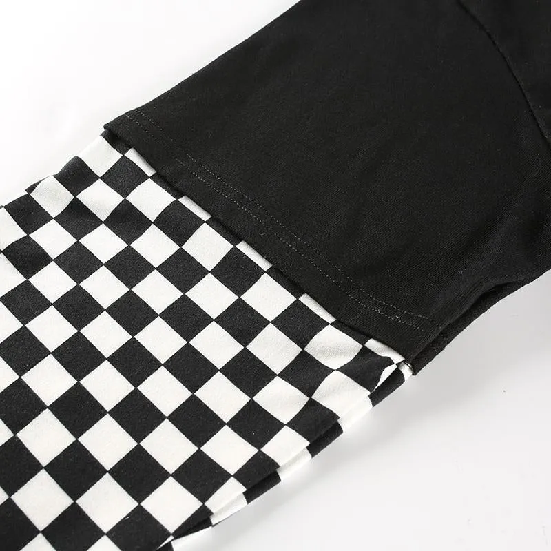 Women Plaid Patchwork Long Sleeve Flaming Heart Print Sweatshirt Autumn Winter Black Checkboard Pullover Hoodies