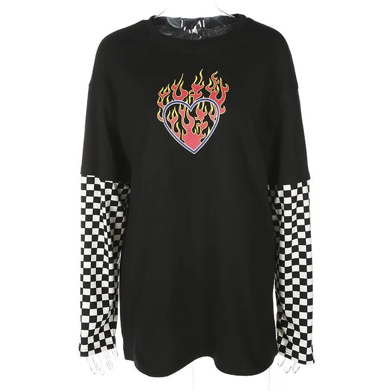 Women Plaid Patchwork Long Sleeve Flaming Heart Print Sweatshirt Autumn Winter Black Checkboard Pullover Hoodies