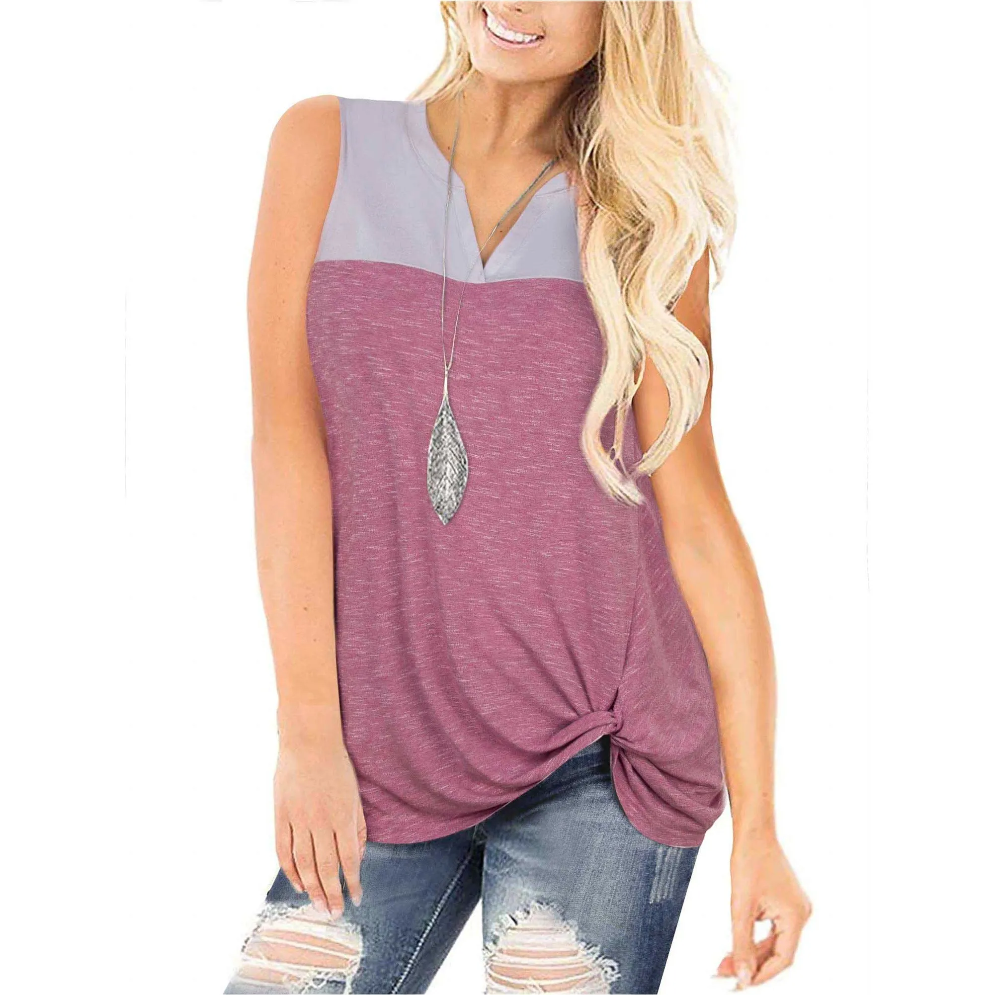 Women's Casual Henley V Neck Tank Tops Sleeveless Workout Shirts with Twist Knot