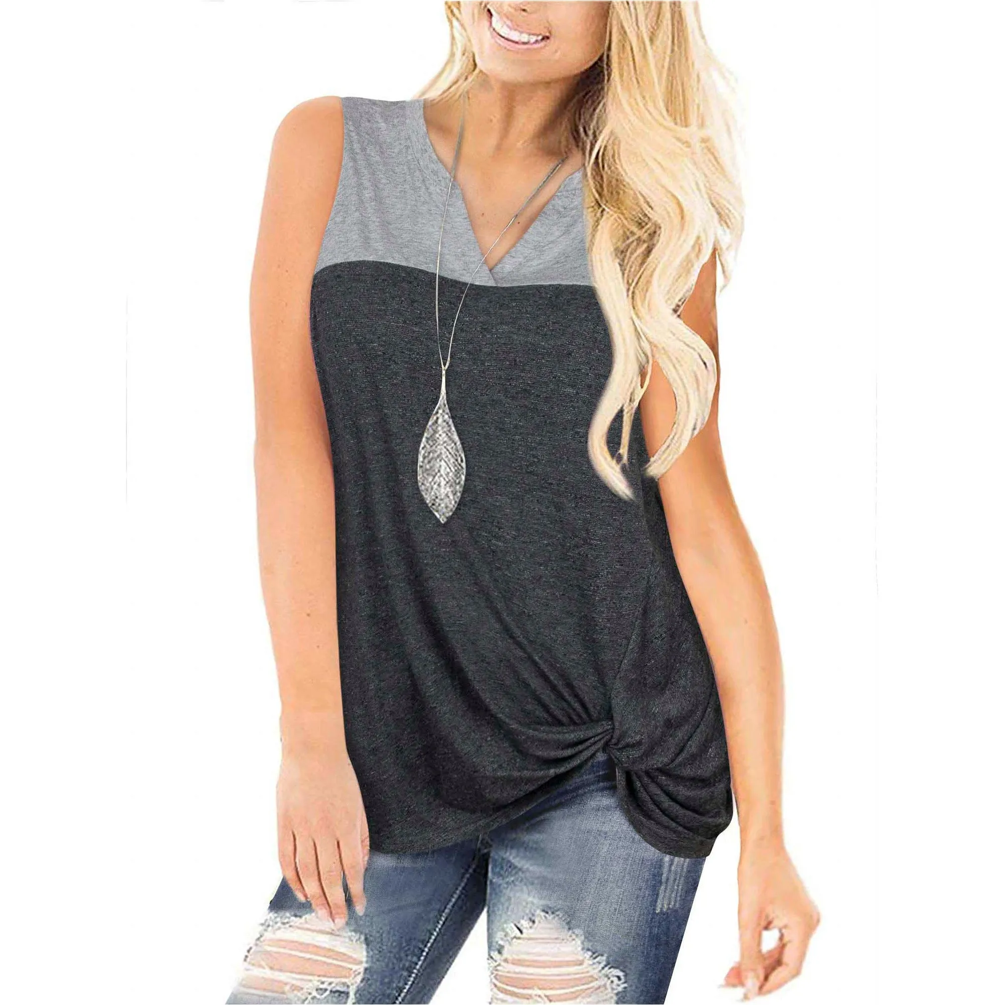 Women's Casual Henley V Neck Tank Tops Sleeveless Workout Shirts with Twist Knot