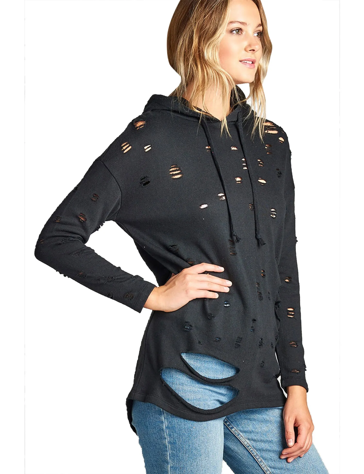 Womens Long Sleeve Distress with Drawstring French Terry Hoodie Tunic Top