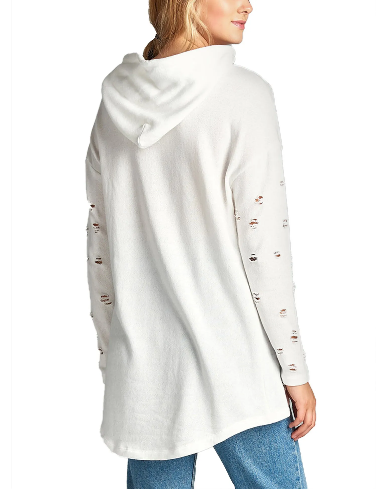 Womens Long Sleeve Distress with Drawstring French Terry Hoodie Tunic Top