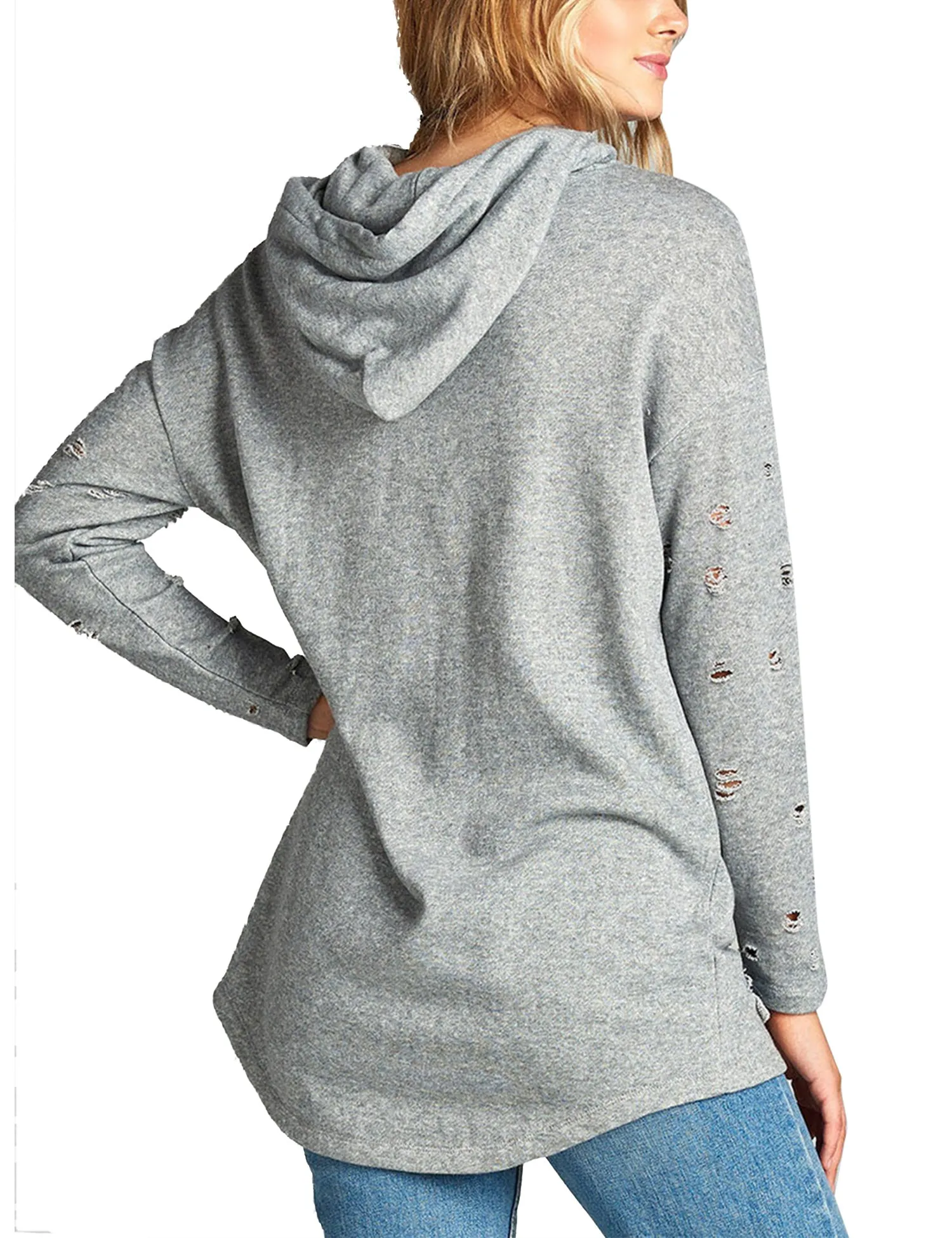 Womens Long Sleeve Distress with Drawstring French Terry Hoodie Tunic Top