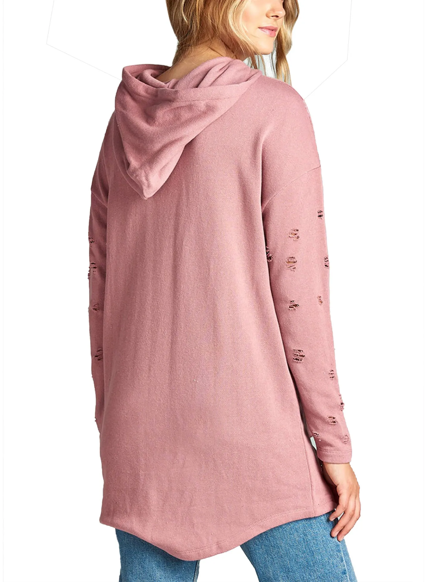 Womens Long Sleeve Distress with Drawstring French Terry Hoodie Tunic Top
