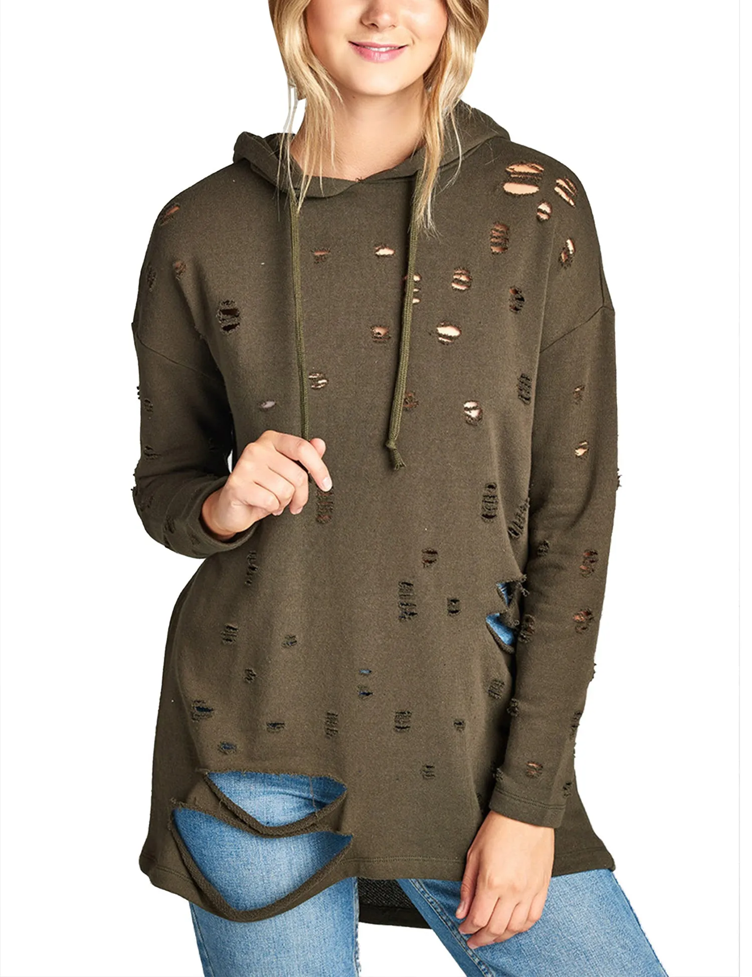 Womens Long Sleeve Distress with Drawstring French Terry Hoodie Tunic Top